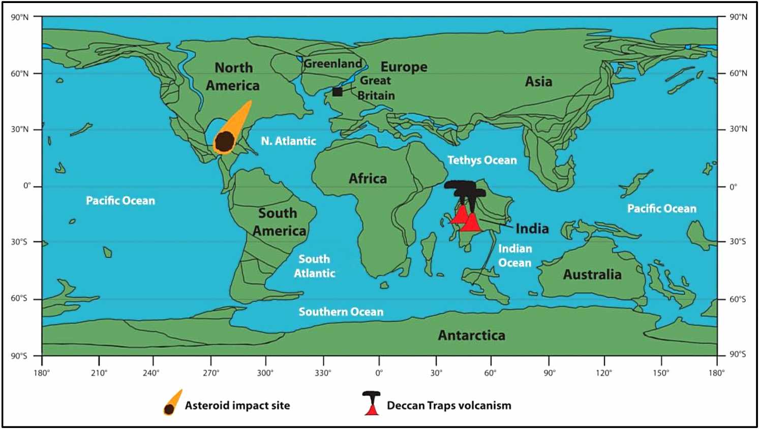 Dinosaur extinction: Locations of Deccan Traps and asteroid impact