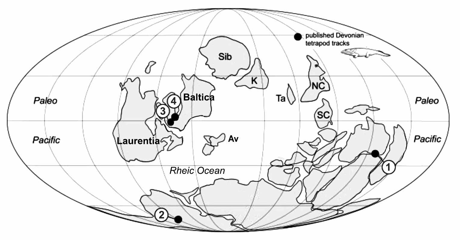 Localities of putative early tetrapod trackways of uncertain origin